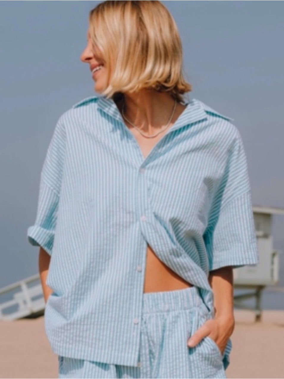 Daily Drills Seersucker Stripe Oversized Boxy Shirt Small Blue White 100% Cotton